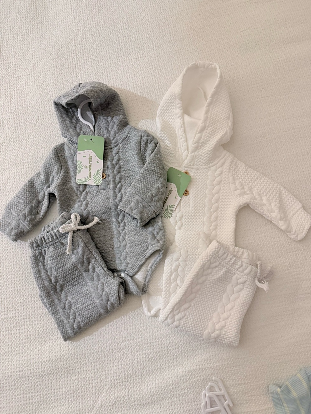 2-Pack Set - Cable-Knit Hooded Baby Set - Gray & White